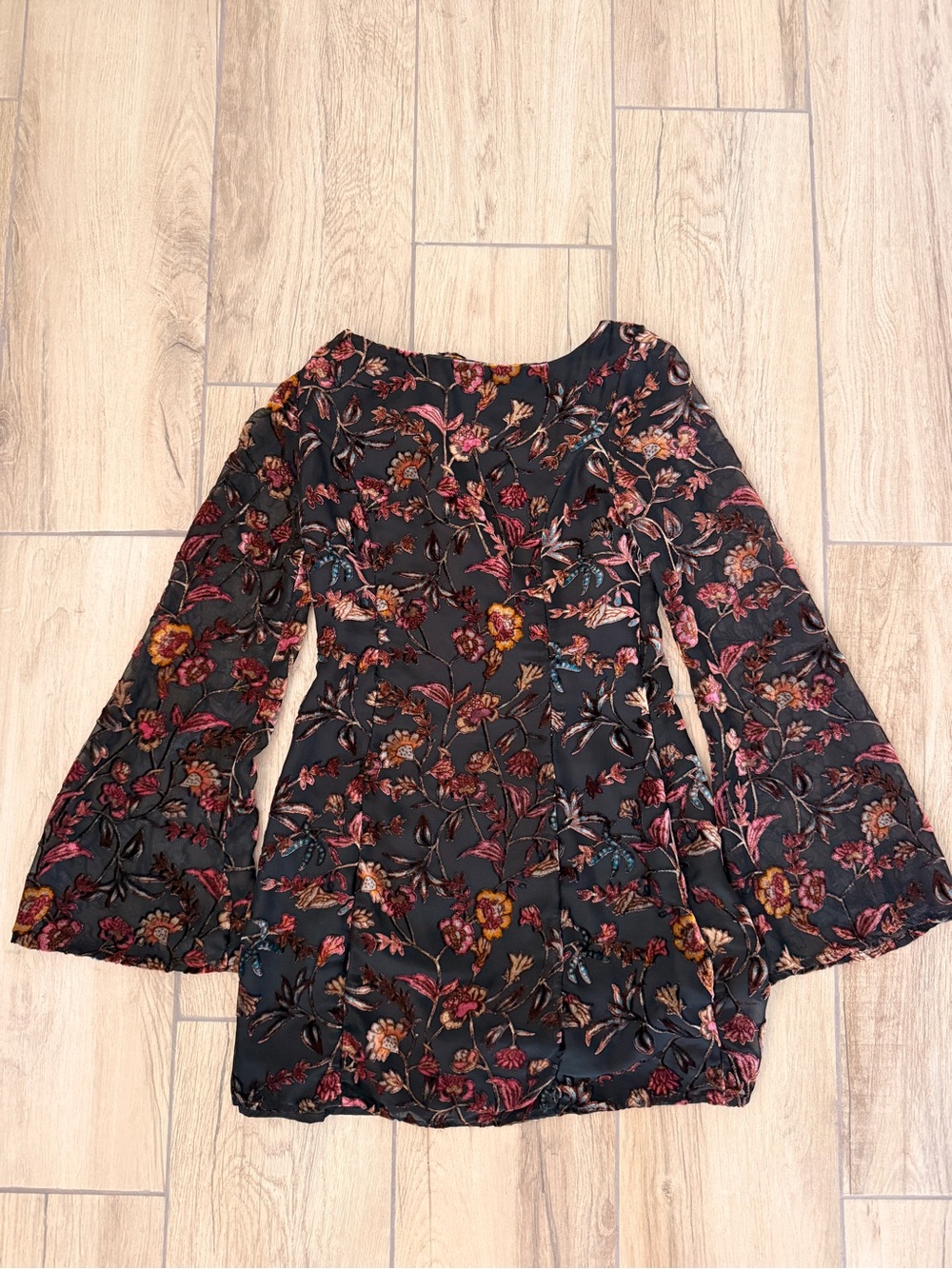 Floral Bell-Sleeve Mini Dress in Black with Multicolor Blooms